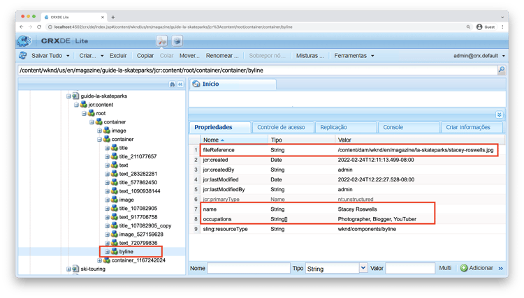 propriedades da linha de identificação no CRXDE