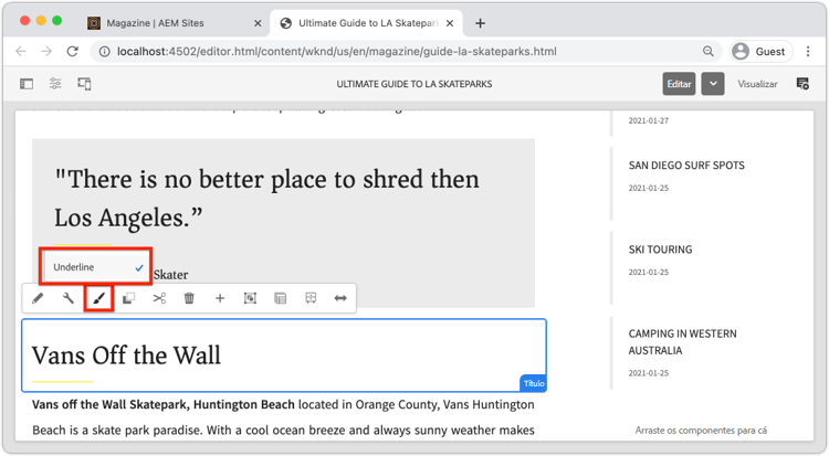 Estilos disponíveis para o título