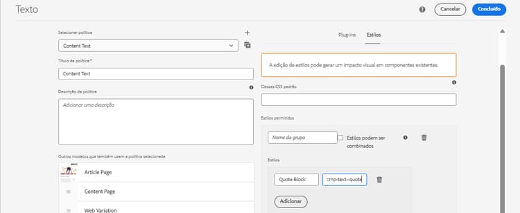 Política 2 do componente de texto