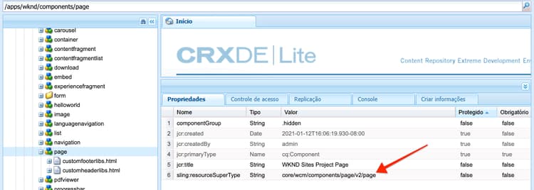 Propriedades do componente de página