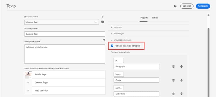 Política do componente de texto