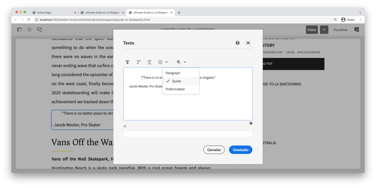 Configuração do componente de texto