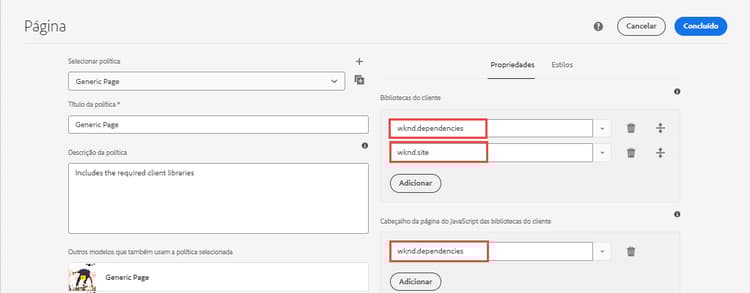 Política da página do modelo de página de artigo