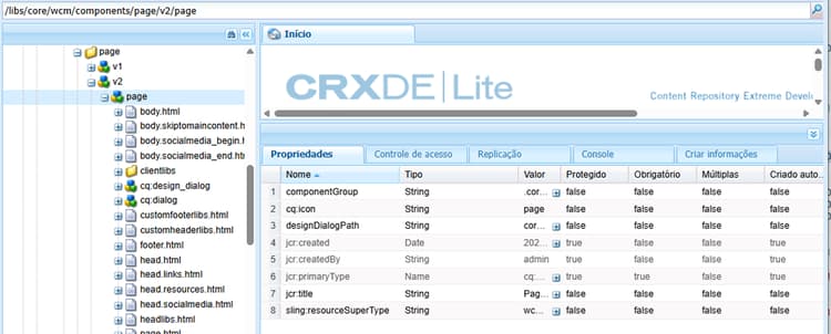 Página dos componentes principais