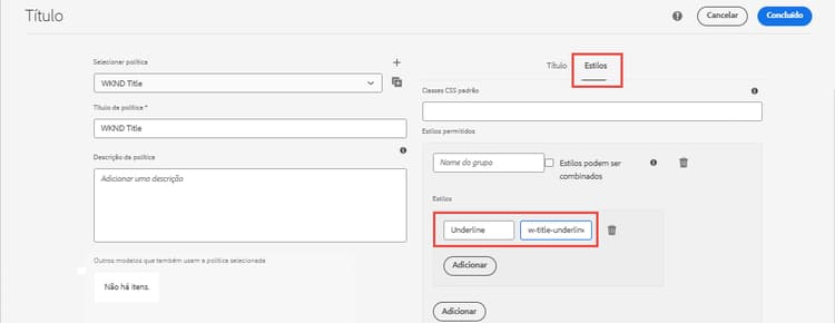 Configuração da política de estilo para o título