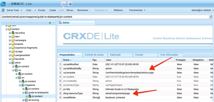 Propriedades do conteúdo JCR