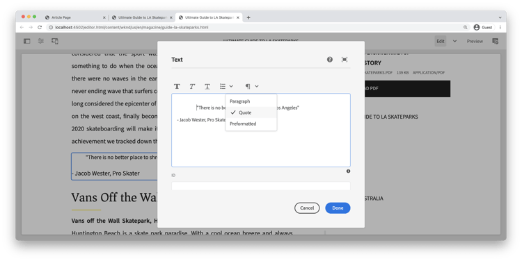 Configuração do componente de Texto