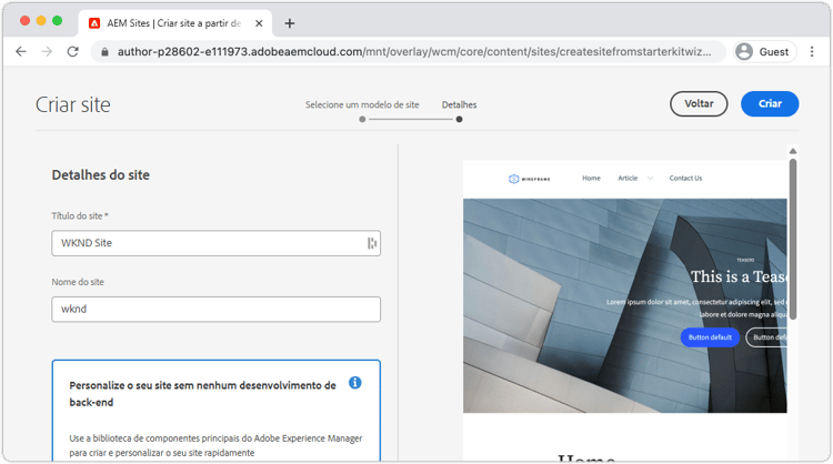 Detalhes do modelo de site