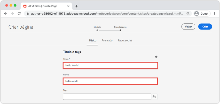 Propriedades da página inicial