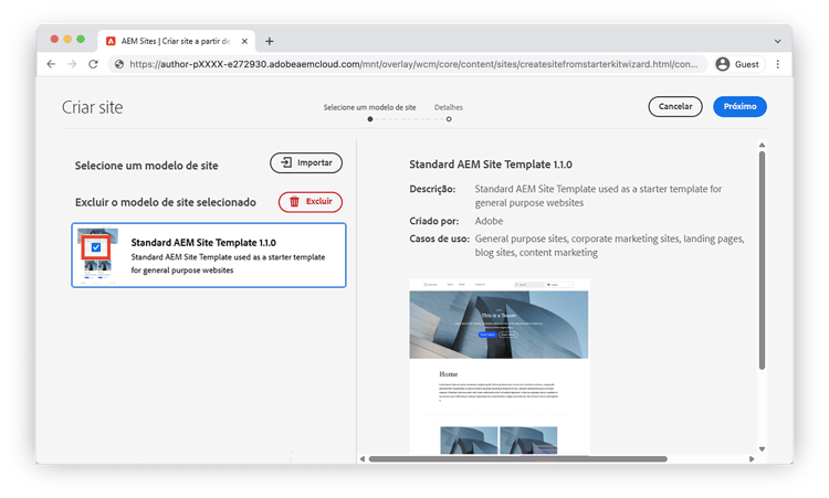 Selecione um modelo de site