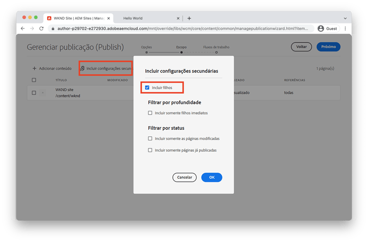 Atualizar escopo de publicação