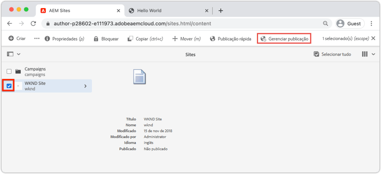 Gerenciar publicação