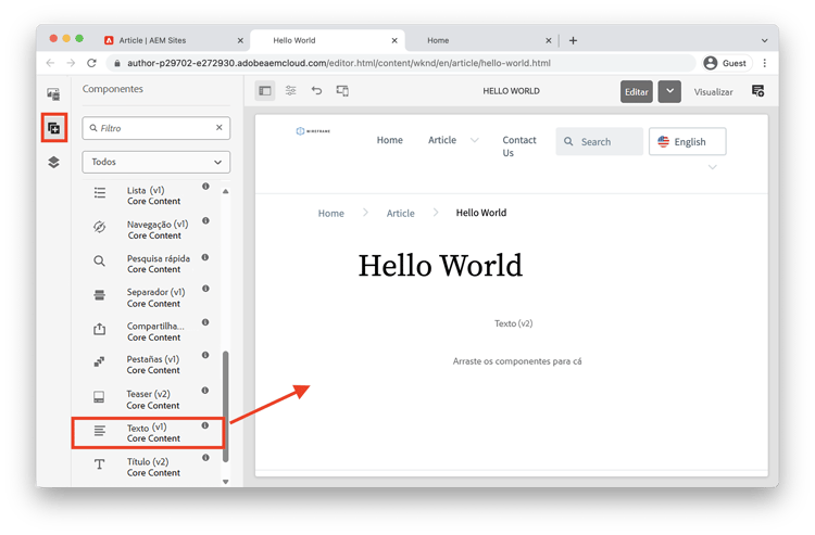 Arrastar + soltar componente de texto