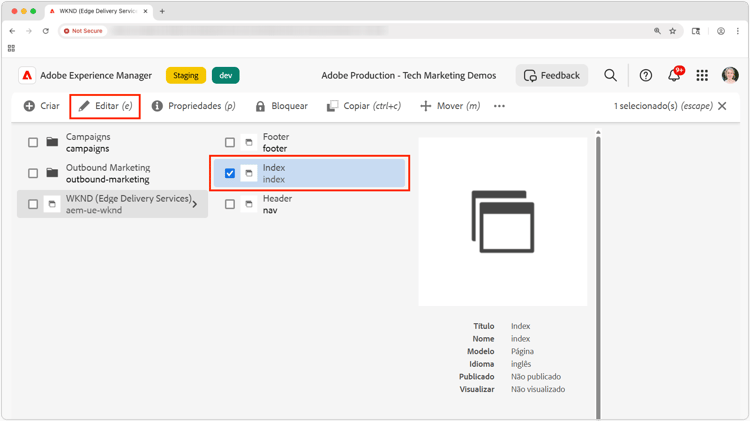 Abrir uma página no editor universal