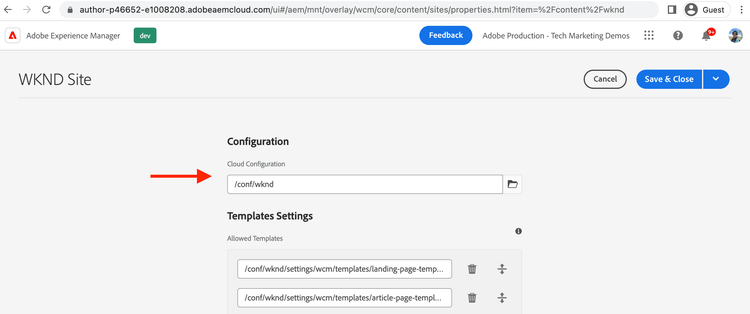 Aplicar configuração do Cloud Service ao site