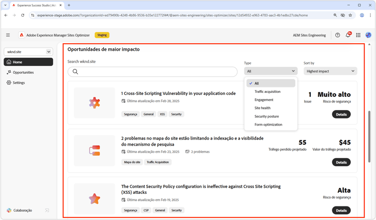 Oportunidades de alto impacto do Site Optimizer