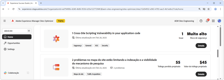 Oportunidade de alto impacto do Site Optimizer
