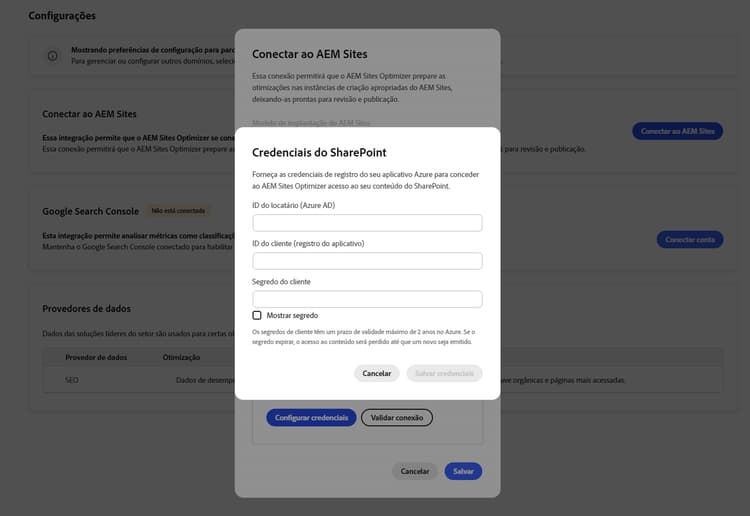 Caixa de diálogo Conectar ao AEM Sites mostrando os campos de credenciais do SharePoint
