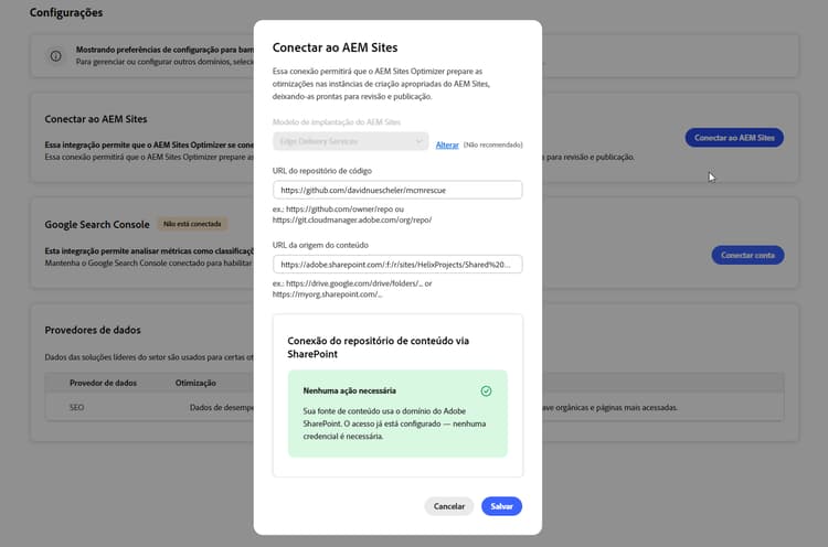 Caixa de diálogo Conectar-se ao AEM Sites mostrando que nenhuma ação é necessária para o domínio do Adobe SharePoint