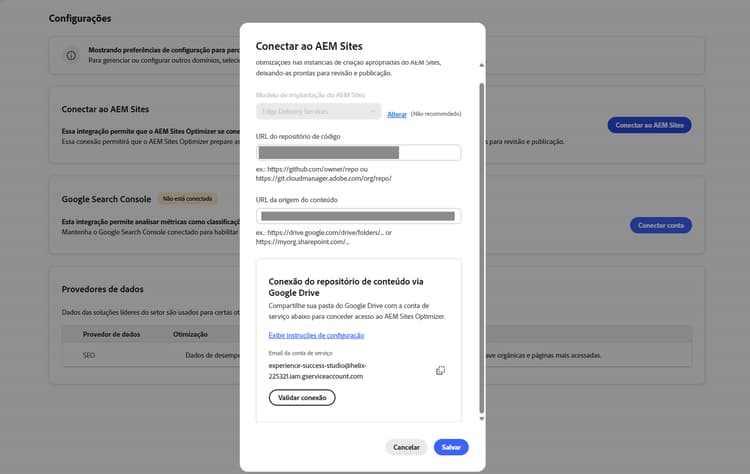 Caixa de diálogo Conectar ao AEM Sites mostrando a conta de serviço do Google Drive para acesso de compartilhamento