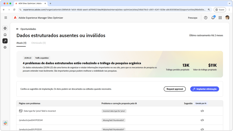 Oportunidade de dados estruturados ausentes ou inválidos