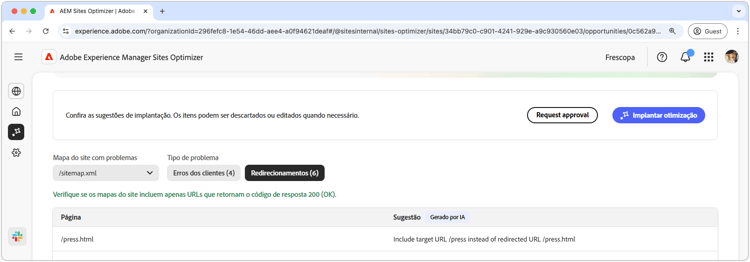 Otimizar automaticamente problemas do mapa do site