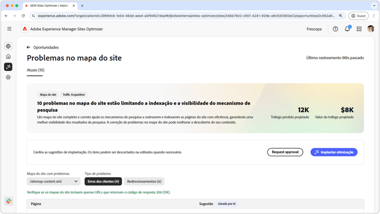 Oportunidade de problemas do mapa do site