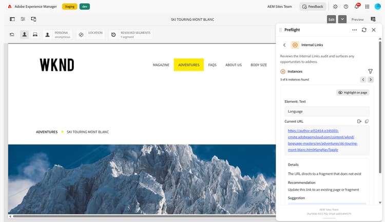 A página de detalhes da auditoria de Links Internos, mostrando o filtro da instância, uma oportunidade e a seção URL Atual
