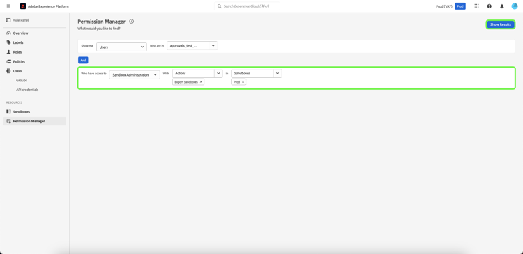Os menus suspensos Recurso, Ações, Sandboxes e Mostrar Resultados foram destacados