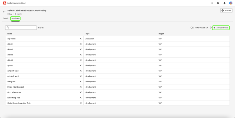 A guia Sandboxes mostrando uma lista de sandboxes adicionadas à política.