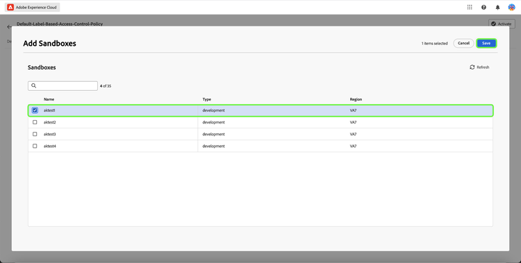 A página Adicionar Sandboxes mostrando uma lista de sandboxes existentes disponíveis para serem adicionadas à política.