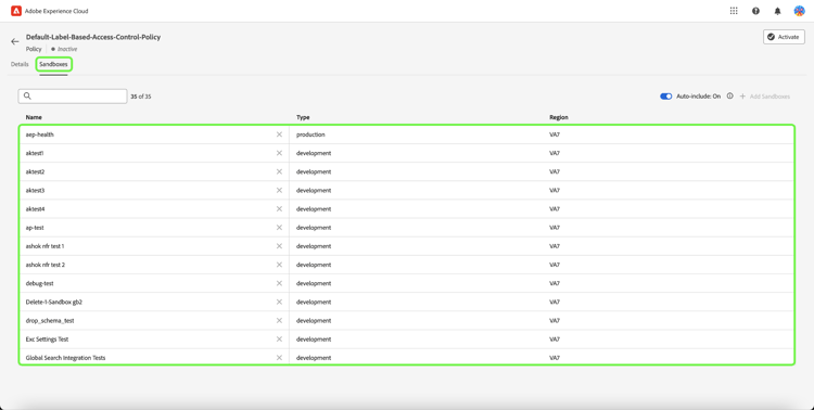 A página de políticas mostrando uma lista de políticas existentes disponíveis.