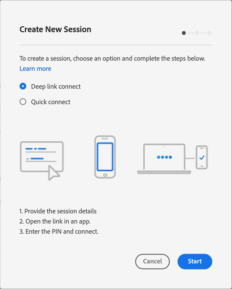 A caixa de diálogo Criar Nova Sessão mostrando a opção de conexão Deep link selecionada.