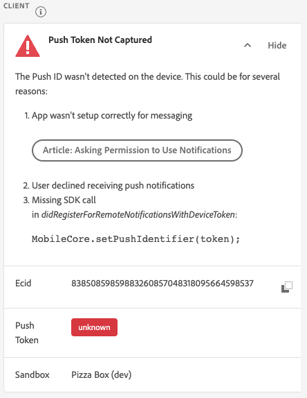 Visualização da depuração de push | Adobe Experience Platform