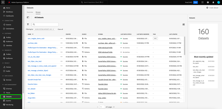 A interface do usuário da Platform com o item de Conjuntos de Dados realçado na barra de navegação esquerda.