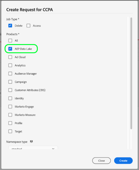 Imagem mostrando o produto data lake selecionado na caixa de diálogo de criação de solicitação de privacidade