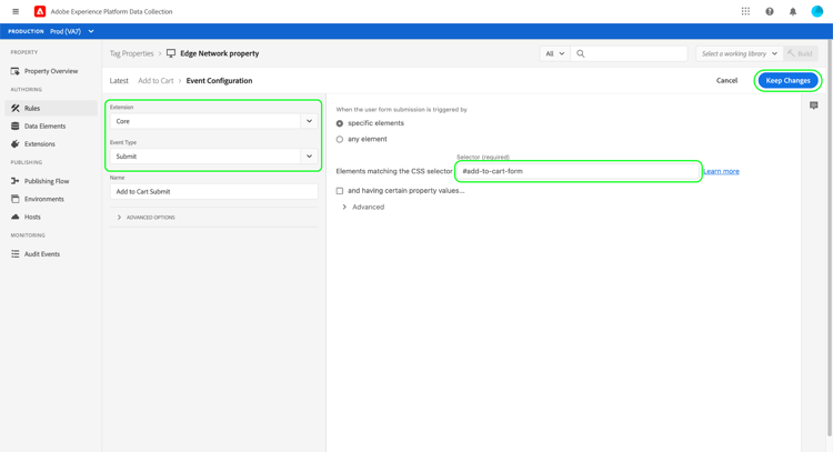 Configuração de evento