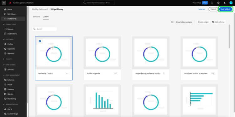 A guia Personalizado do espaço de trabalho da biblioteca de widgets com o novo widget e Adicionar widget realçados.