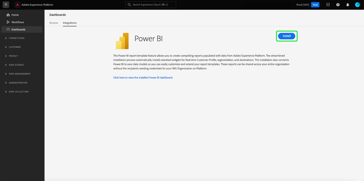 tela de detalhes do Power BI com o botão Instalar realçado.