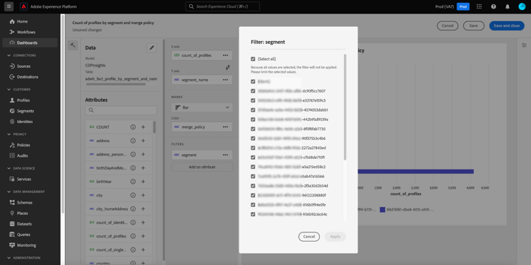 A caixa de diálogo de filtro para filtrar valores do seu widget.