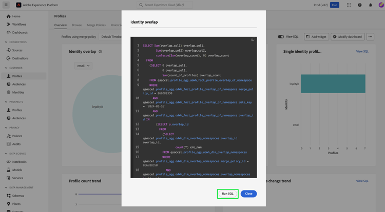 Uma caixa de diálogo de insight com Executar SQL realçada.