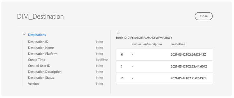 Uma visualização do conjunto de dados DIM_Destination.