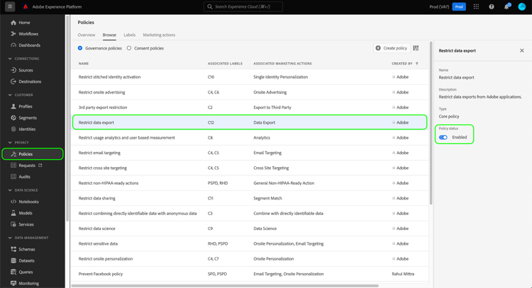 Imagem mostrando uma política principal sendo habilitada na interface