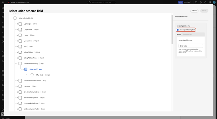Construtor de regras de política mostrando a caixa de seleção Localizar qualquer item correspondente para campos de Mapa, usados para corresponder valores em todas as chaves dinâmicas.