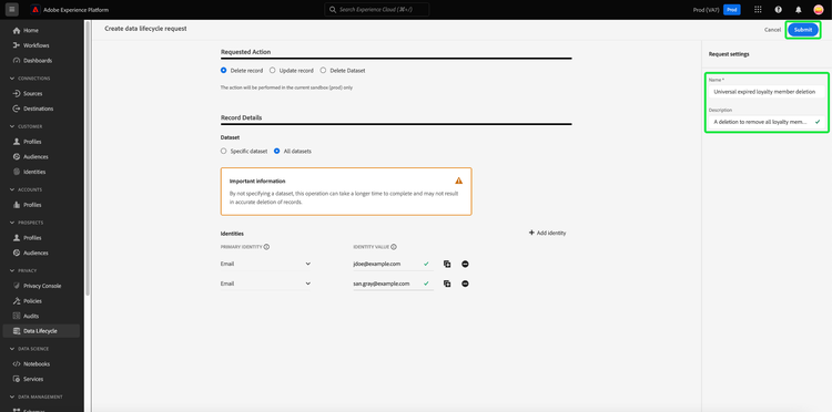 Campos de Nome e Descrição da configuração de solicitação com Envio realçados.