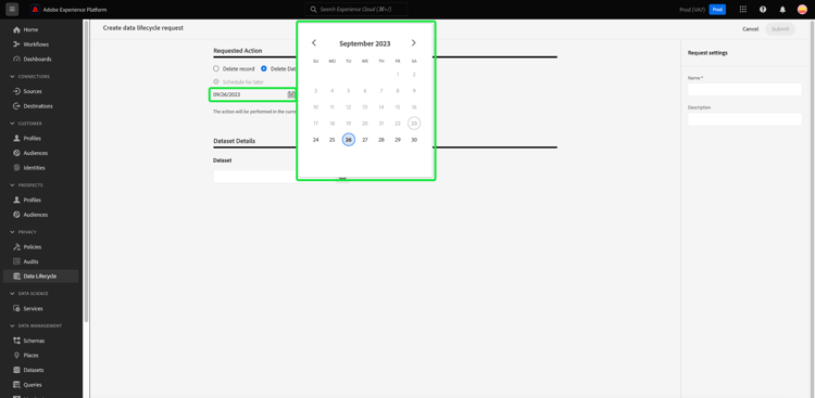 Uma caixa de diálogo de calendário com uma data de expiração selecionada e realçada para o conjunto de dados.