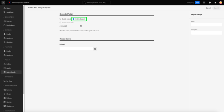 O fluxo de trabalho de criação da solicitação com a opção Excluir conjunto de dados foi realçado.