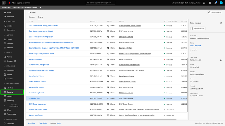 selecione o conjunto de dados da Web Luma