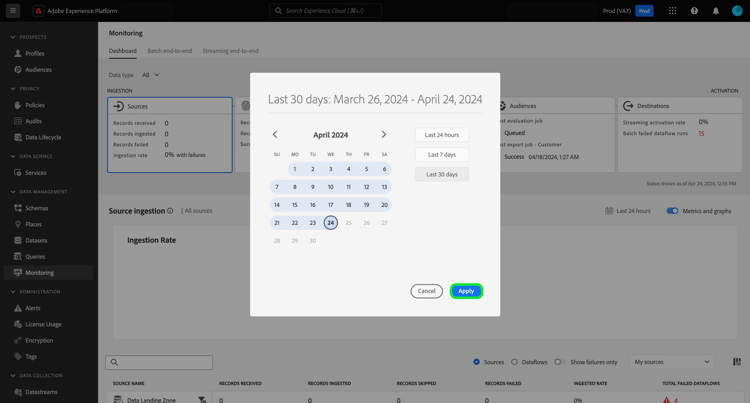 A janela pop-up de configuração de intervalo de tempo no painel de monitoramento.