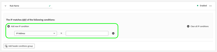 Tela de regra de detecção de bot com o campo de endereço IP realçado.